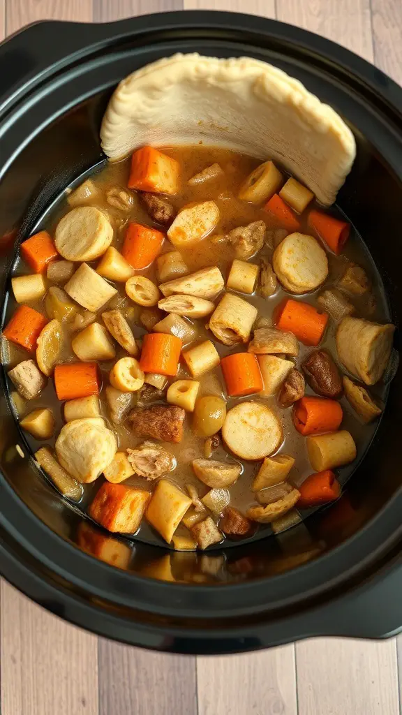 Crockpot filled with turkey pot pie filling, featuring chunks of turkey and colorful vegetables.