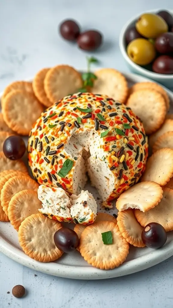 A round smoked paprika vegan cheese ball surrounded by crackers and olives.