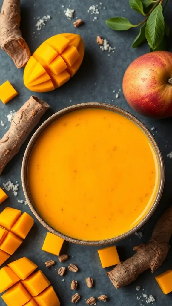 A bowl of Spicy Mango Turmeric Blend smoothie surrounded by fresh mango, turmeric root, and an apple.