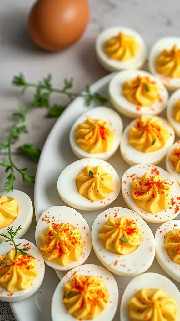 A platter of classic deviled eggs topped with paprika and herbs, with a brown egg in the background.
