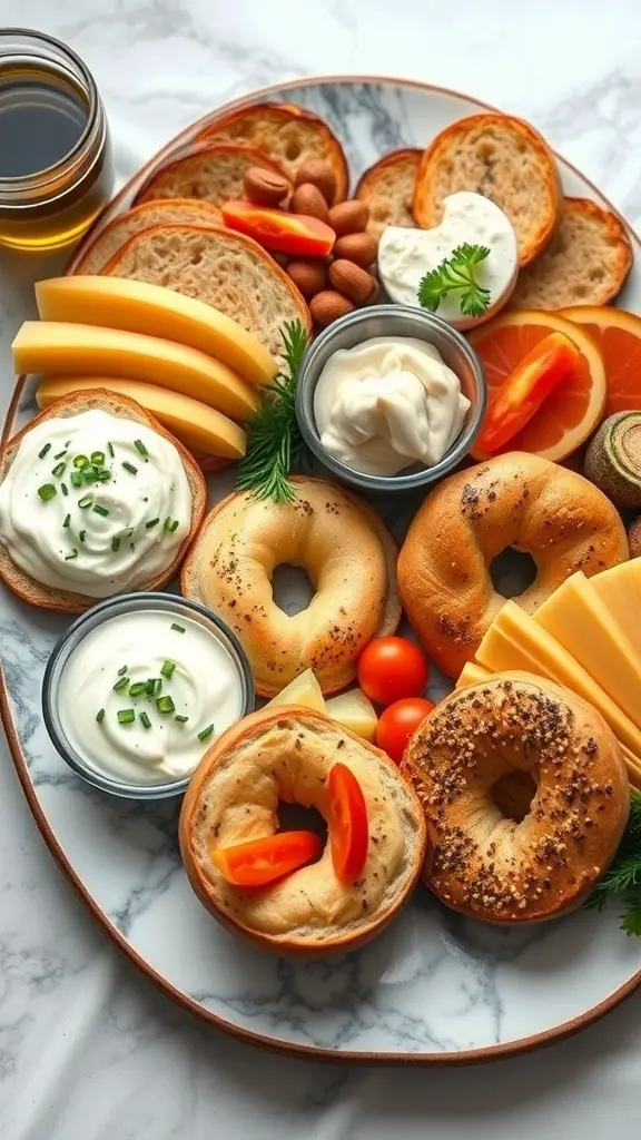 A colorful bagel charcuterie board featuring various bagels, spreads, cheese, and fresh vegetables.
