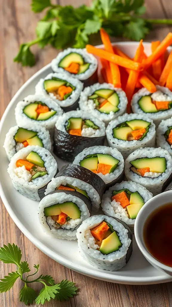 A plate of veggie sushi rolls with cucumber, carrot, and avocado, served with dipping sauce and carrot sticks.