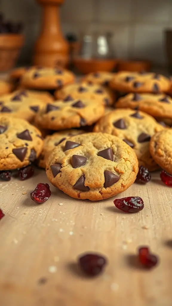 A close-up of chocolate chip cranberry cookies scattered on a wooden surface, with some cranberries around them.
