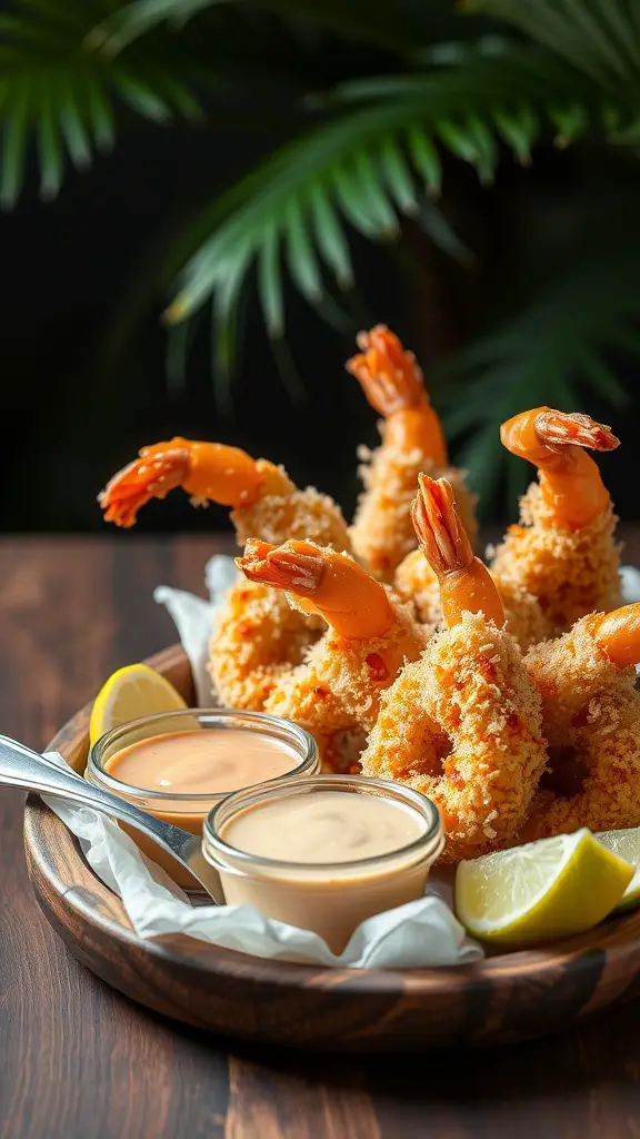 Crispy coconut shrimp served with dipping sauces and lemon wedges