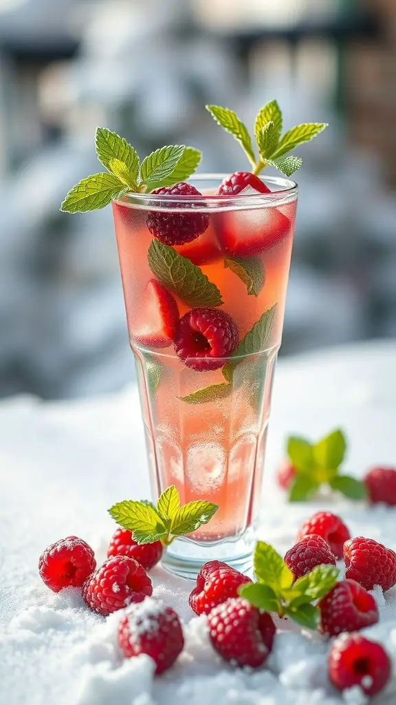 A refreshing Berry Mint Cooler mocktail with raspberries and mint leaves, set against a snowy background.