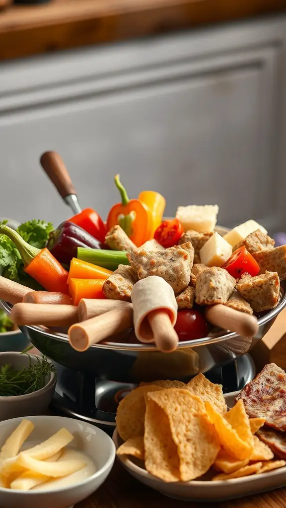 A colorful assortment of vegetables and meats arranged for a fondue meal.