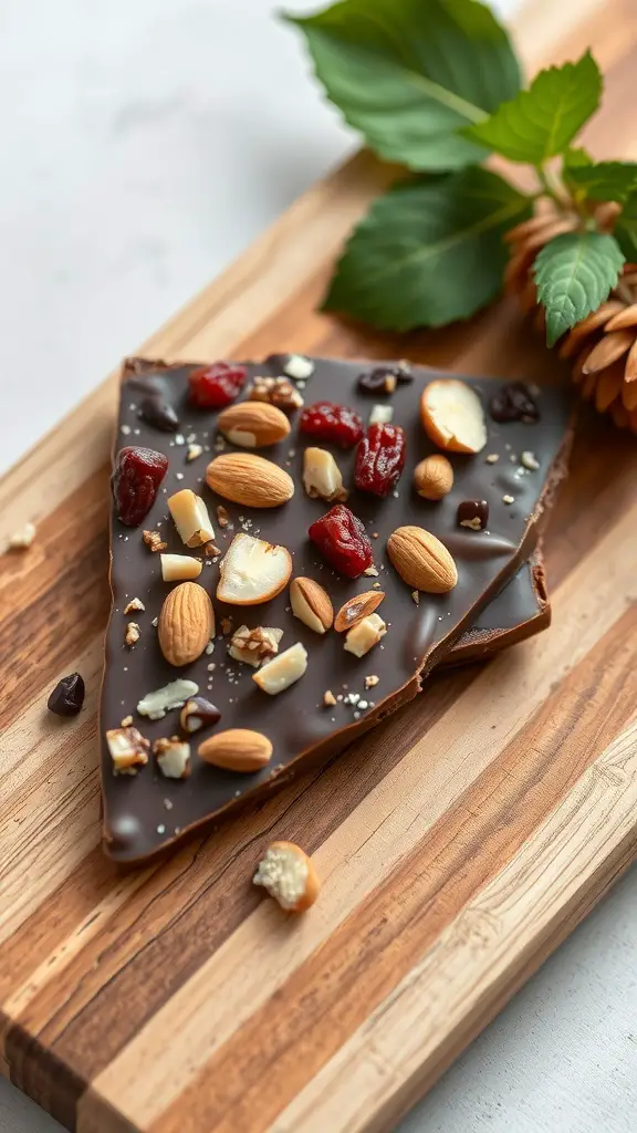 Nutty chocolate bark with almonds and dried fruits on a wooden board