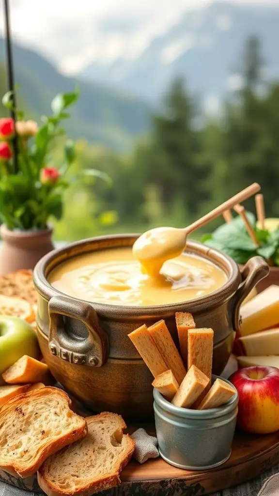 A pot of melted Swiss cheese fondue surrounded by bread, apples, and vegetables