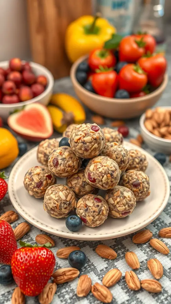 A plate of fruit and nut energy bites with fresh fruits and nuts in the background.
