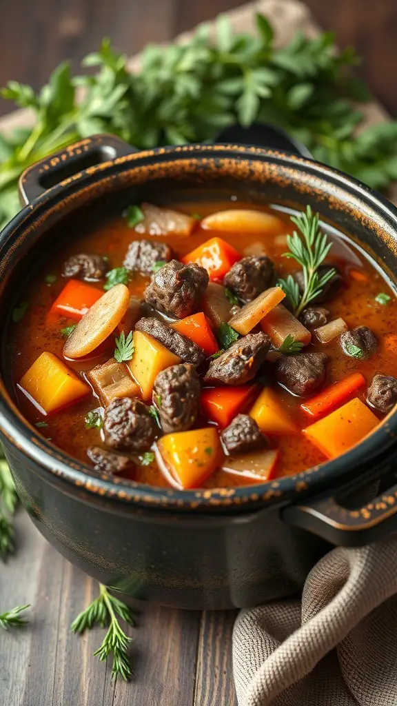 A pot of hearty beef and vegetable stew with colorful vegetables and herbs.