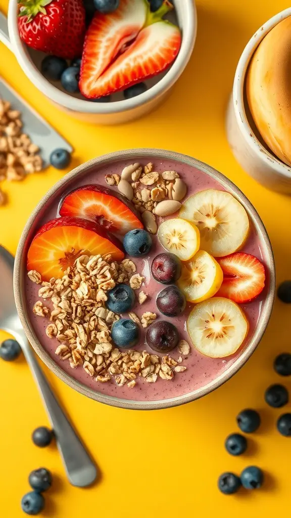 A vibrant vegan smoothie bowl topped with granola, strawberries, bananas, and blueberries on a yellow background.