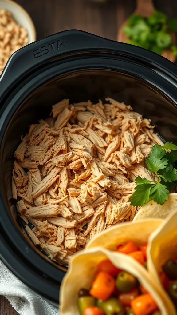 Shredded chicken in a crock pot with soft tortillas and colorful toppings