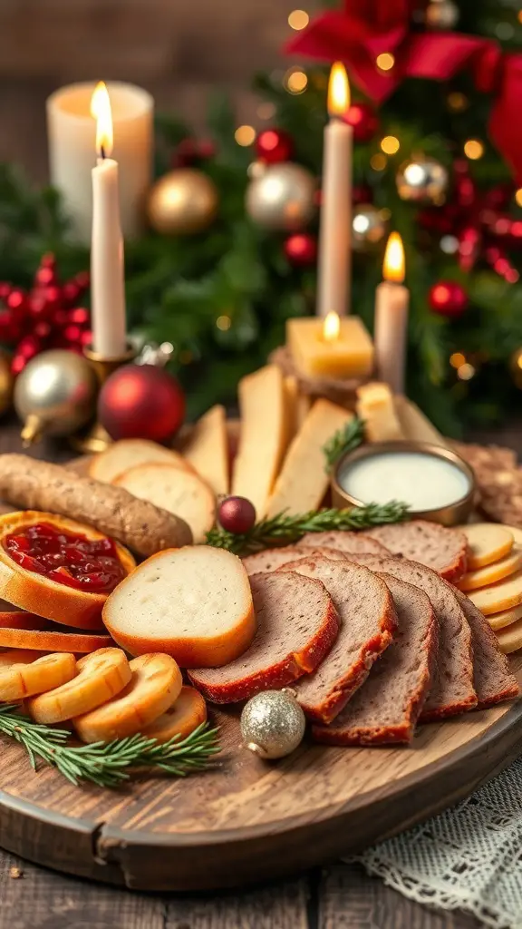 A festive charcuterie board with meats, cheeses, and seasonal decorations.