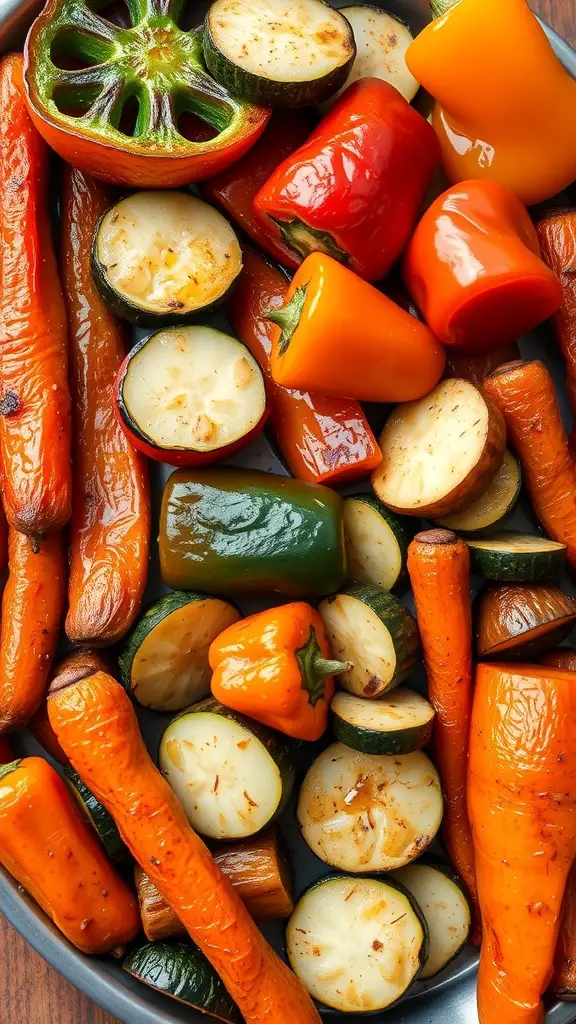 A colorful medley of roasted vegetables including carrots, zucchini, and bell peppers.