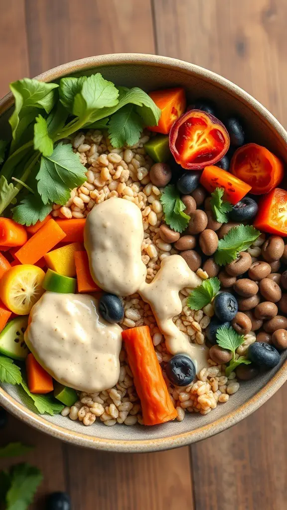 A colorful Vegan Buddha Bowl with grains, fresh vegetables, and a creamy dressing.