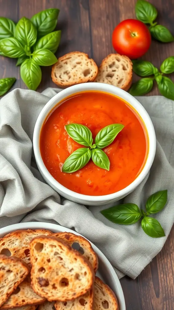 A bowl of creamy tomato basil soup garnished with basil leaves, surrounded by fresh basil, a tomato, and slices of bread.