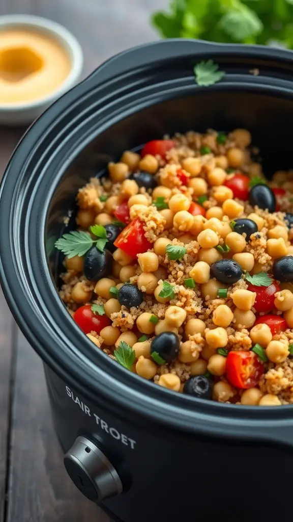 A close-up of Mediterranean quinoa with chickpeas, cherry tomatoes, and black olives in a crockpot.