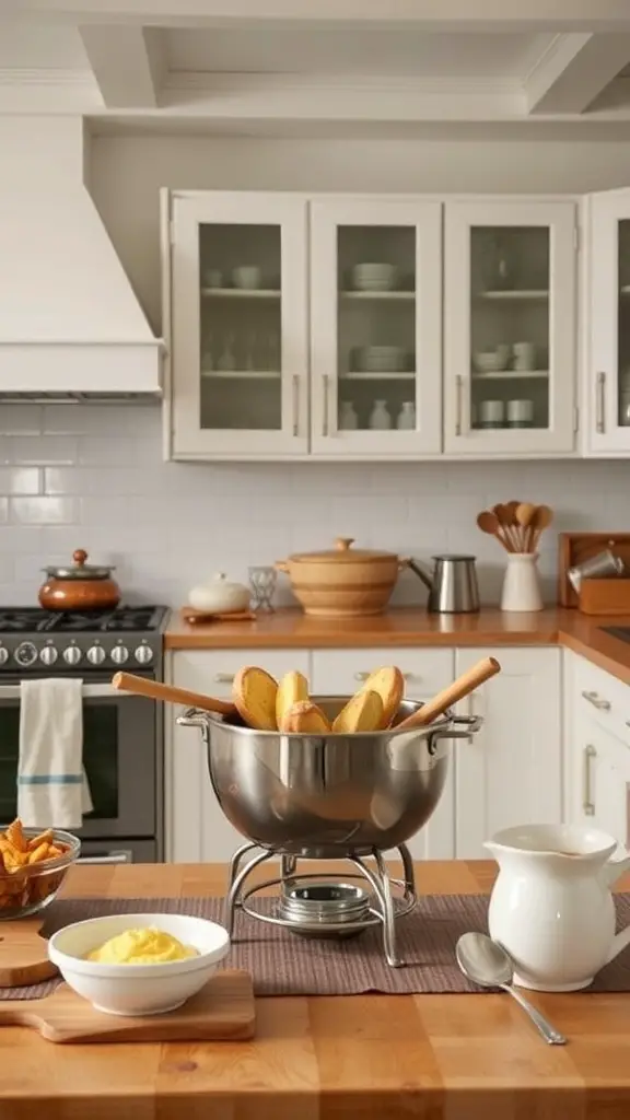 A cozy kitchen with a fondue pot and ingredients for a fondue party.