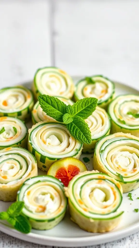 A plate of vegetarian cream cheese and cucumber pinwheels, garnished with mint leaves and cherry tomatoes.