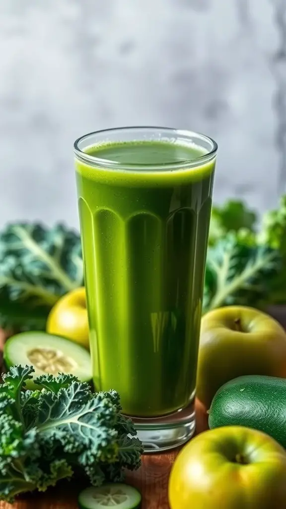 A glass of green detox juice surrounded by fresh kale, cucumbers, and green apples.
