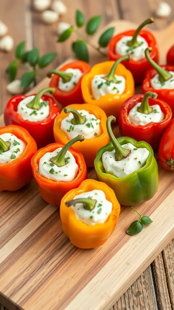 A platter of stuffed mini peppers filled with creamy white filling and garnished with herbs.
