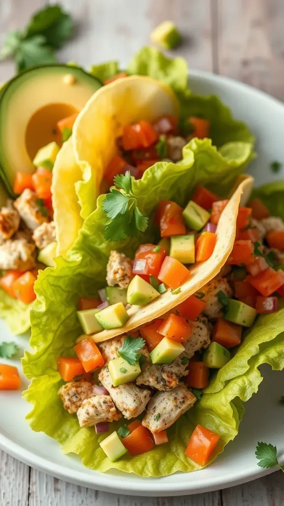 Herbed turkey lettuce tacos with diced tomatoes and avocado