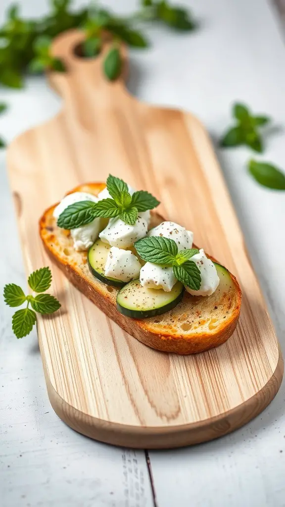 A slice of toasted bread topped with zucchini, ricotta cheese, and mint leaves on a wooden board.