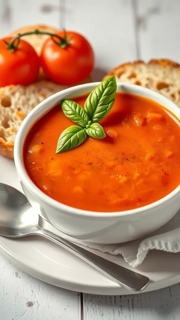 A bowl of tomato basil soup with fresh basil leaves, slices of bread, and tomatoes on the side.