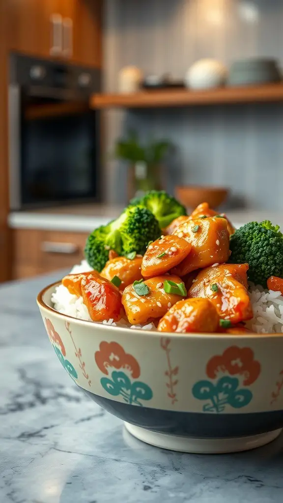 A bowl of chicken teriyaki with broccoli and rice, beautifully presented.