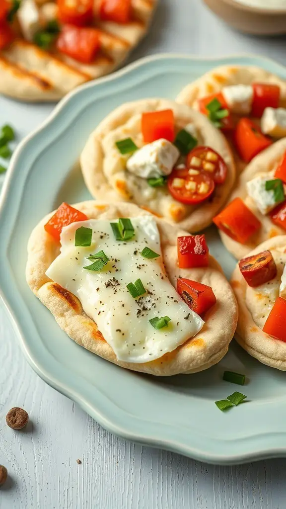 Mini pita pizzas topped with cheese, tomatoes, and green onions on a plate.
