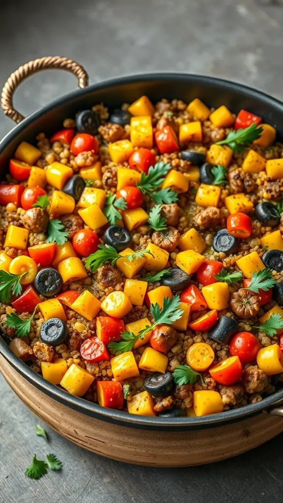 A colorful vegetable paella with saffron, featuring diced bell peppers, cherry tomatoes, and herbs.