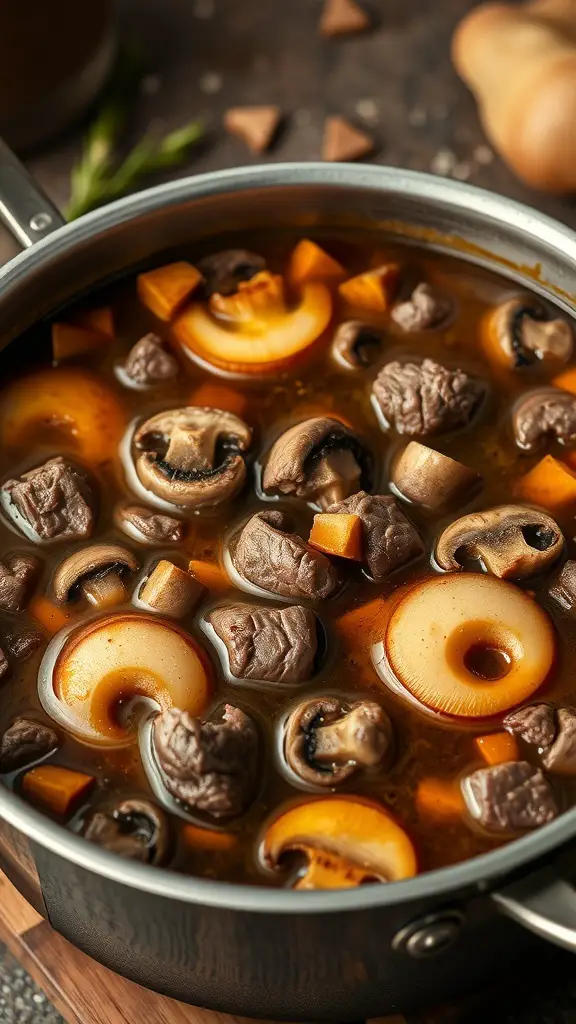 A pot of beef and mushroom fondue broth with sliced mushrooms and beef chunks.