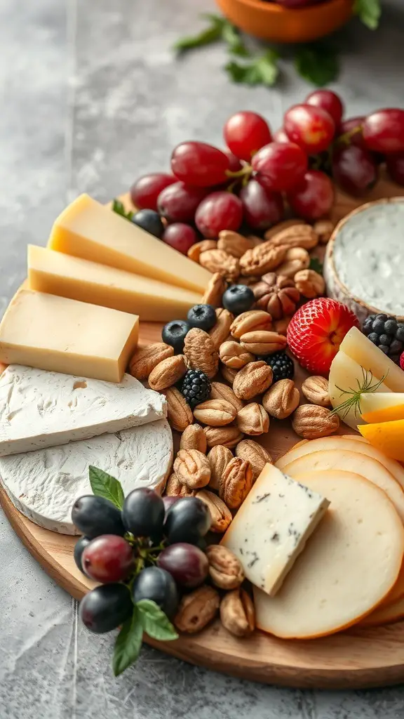 A beautifully arranged fruit and cheese platter featuring various cheeses, fresh fruits, and nuts.