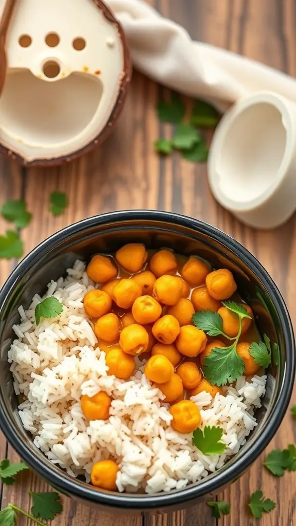 A bowl of coconut curry chickpeas served with rice and garnished with cilantro.