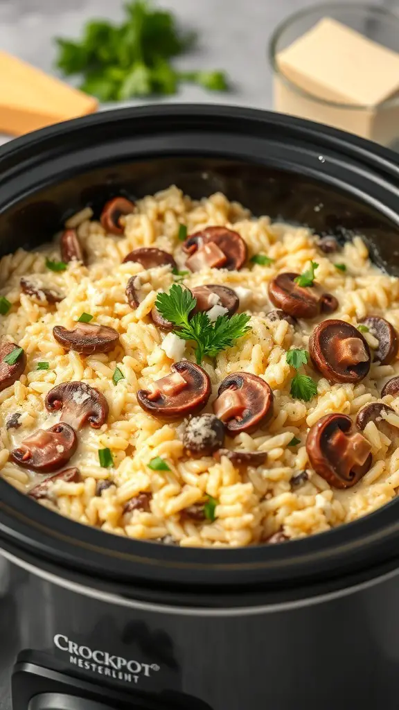 A bowl of creamy mushroom risotto in a crockpot, featuring rice, mushrooms, and herbs.