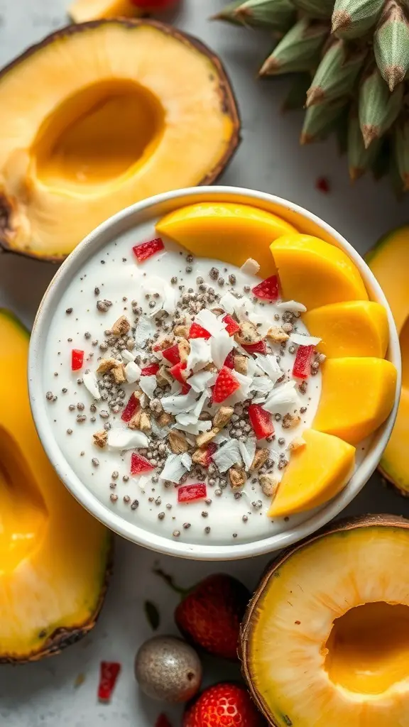 A bowl of coconut chia seed pudding topped with mango slices, strawberries, and coconut flakes, surrounded by fresh fruits.