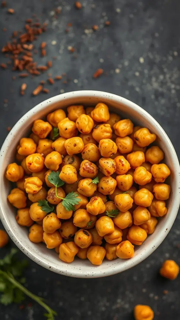 A bowl of crunchy roasted chickpeas garnished with herbs
