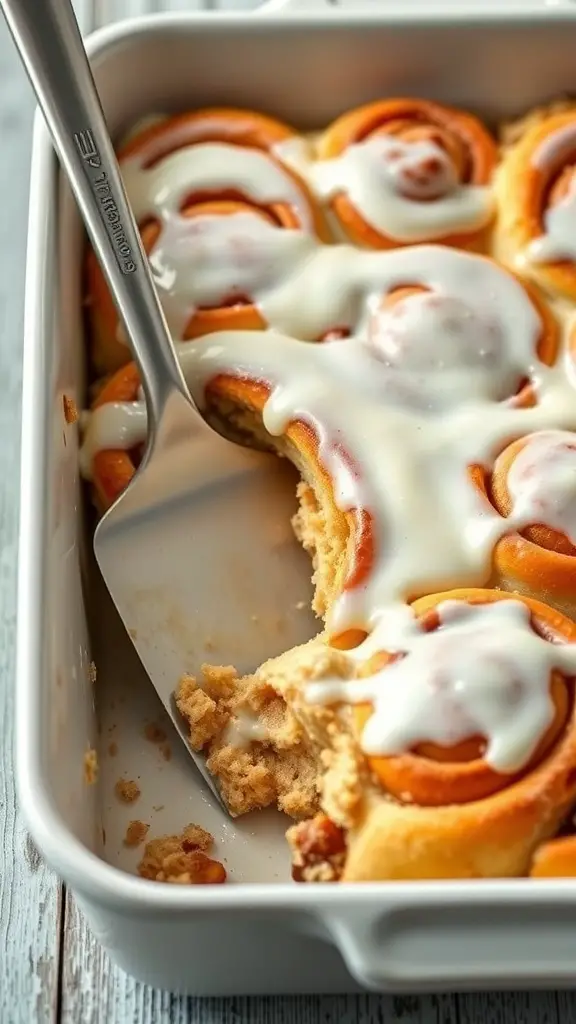 A close-up of a cinnamon roll casserole with icing, showing a spatula ready to serve.