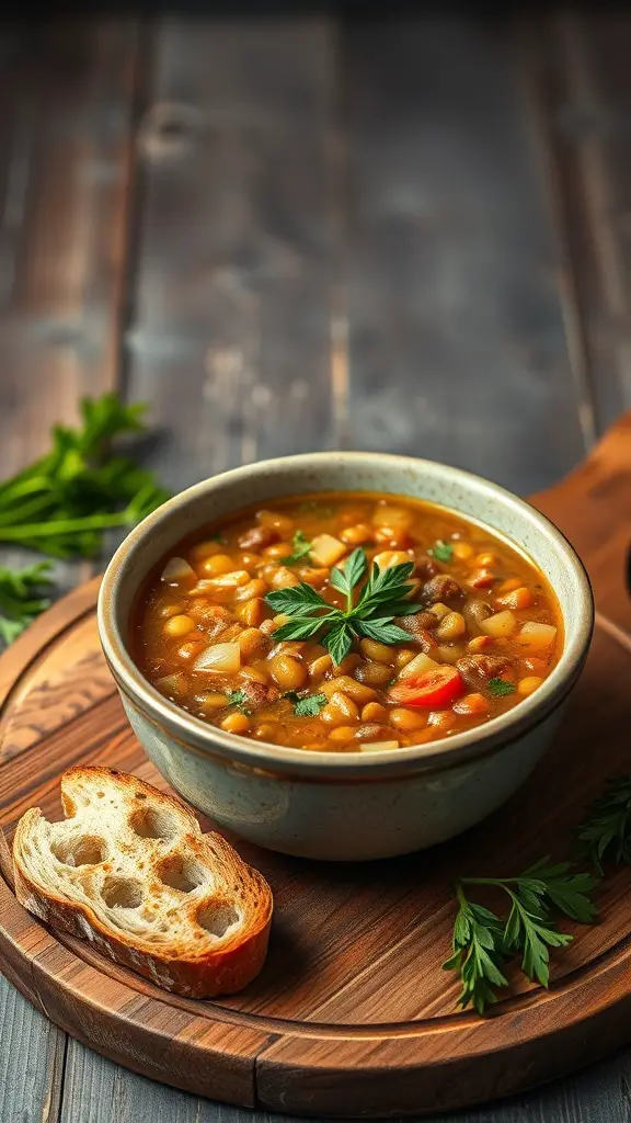 A bowl of lentil soup garnished with fresh herbs, served with a slice of bread on a wooden board.