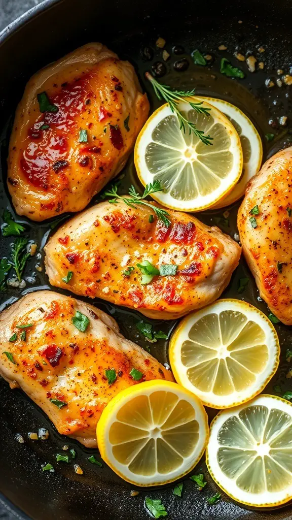Cooked lemon garlic chicken thighs with lemon slices