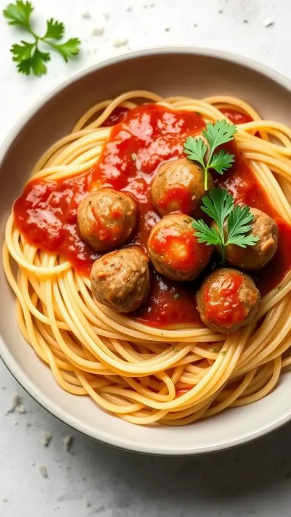 A bowl of spaghetti topped with mini turkey meatballs and tomato sauce, garnished with fresh herbs.