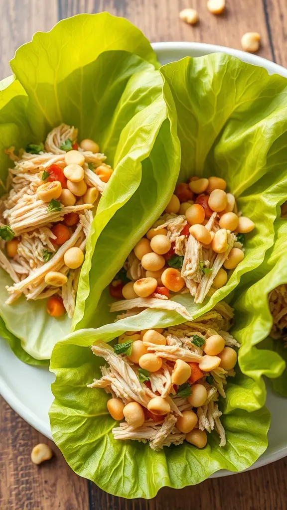 Asian-style shredded turkey lettuce wraps filled with turkey and vegetables