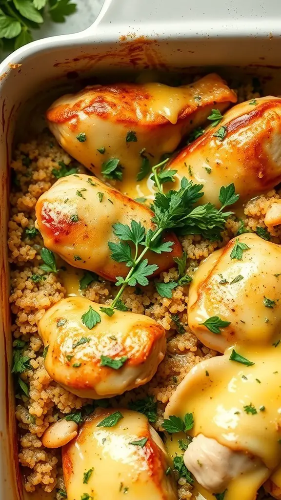 A delicious chicken and quinoa bake topped with melted cheese and fresh herbs.