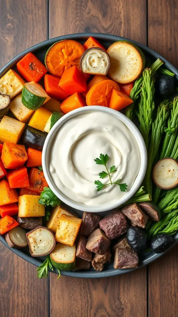A colorful roasted vegetable platter with a variety of vegetables and a creamy dip.