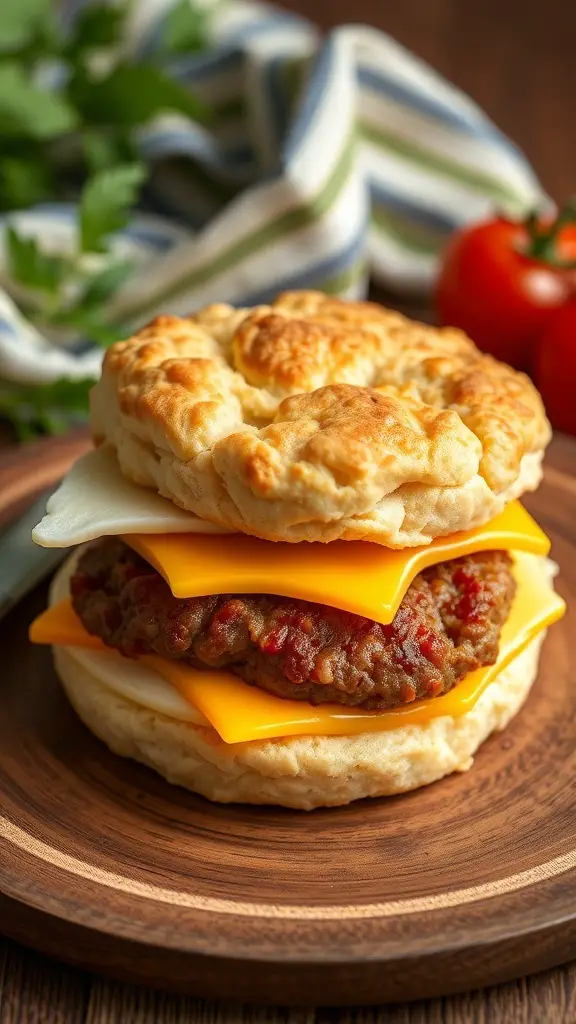 A delicious breakfast sandwich made with a biscuit, sausage patty, and cheese.
