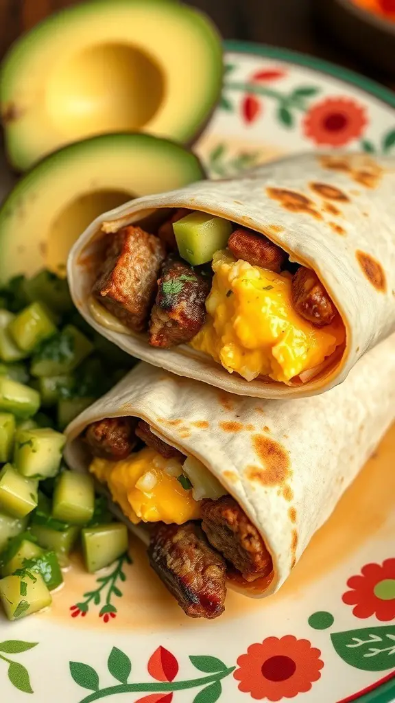 A delicious breakfast burrito filled with scrambled eggs and sausage, served with avocado salsa and diced cucumbers.