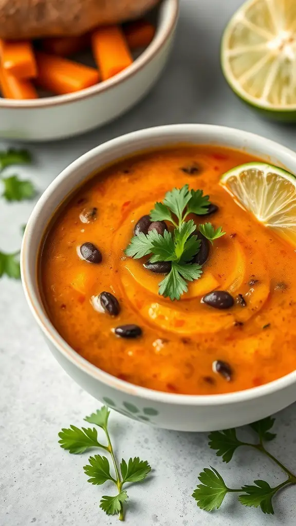 A bowl of Sweet Potato and Black Bean Soup garnished with cilantro and lime.