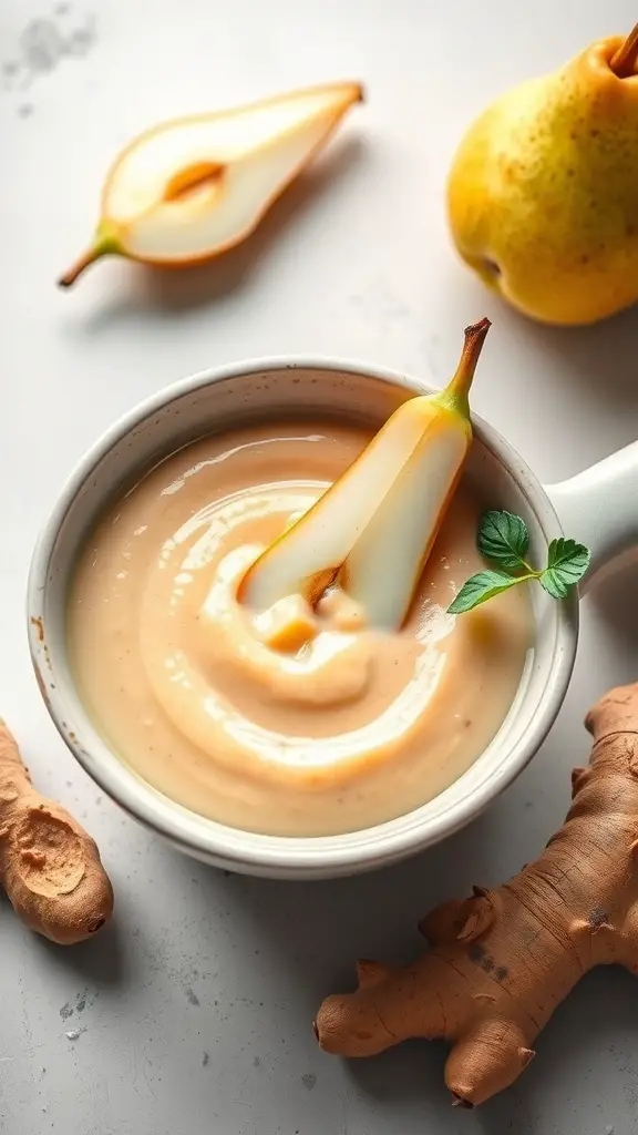 A bowl of pear and ginger puree with fresh pear slices and ginger root.