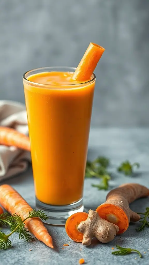 A vibrant carrot and ginger smoothie in a glass with fresh carrots and ginger root around it.