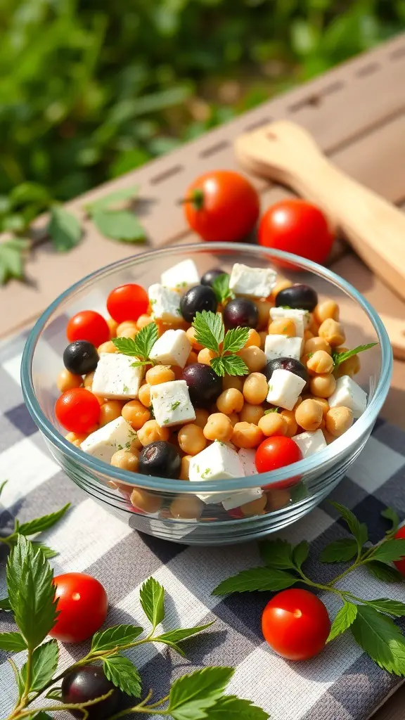 A bowl of chickpea salad with feta, cherry tomatoes, and olives on a checkered tablecloth.
